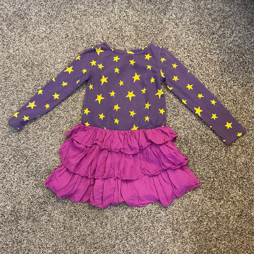 Mini Boden Purple & Yellow Star Long Sleeve Ruffle Dress Size 5-6 Y - Picture 1 of 11